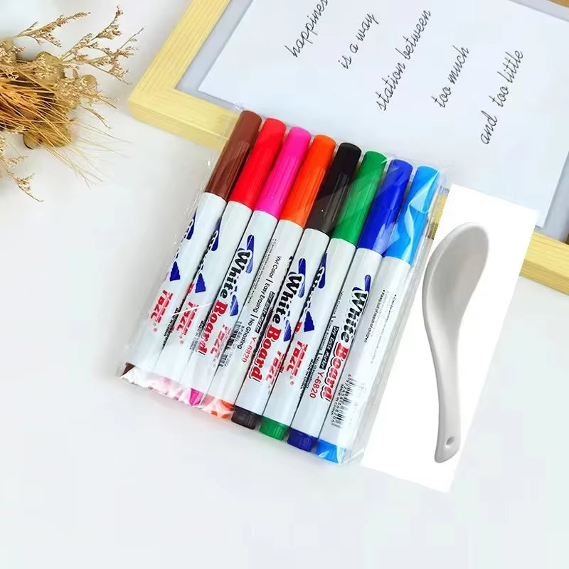 8/12 Colors Water Floating Pen Magical Ink Pens with Spoon Brush Whiteboard Markers Suspension Kids Educational Painting Marker