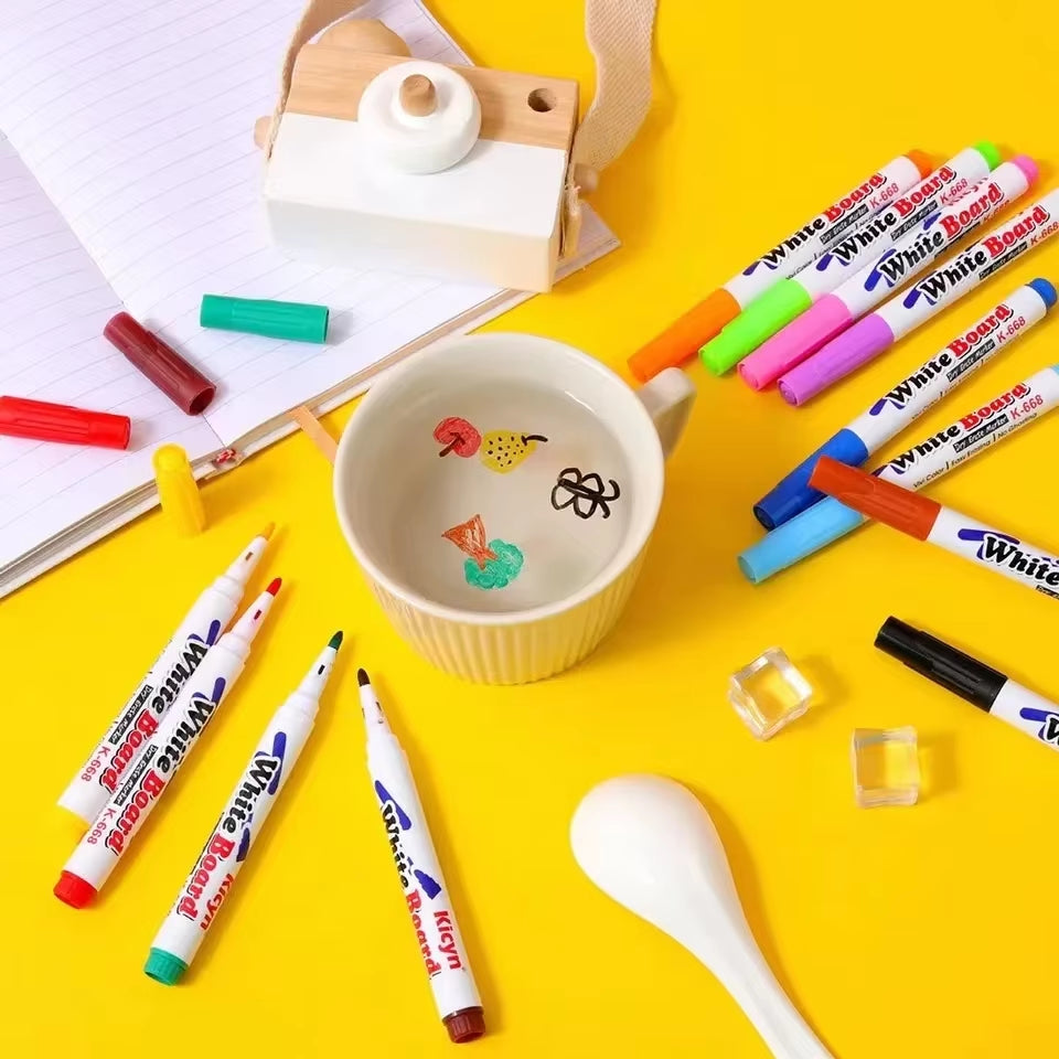 8/12 Colors Water Floating Pen Magical Ink Pens with Spoon Brush Whiteboard Markers Suspension Kids Educational Painting Marker